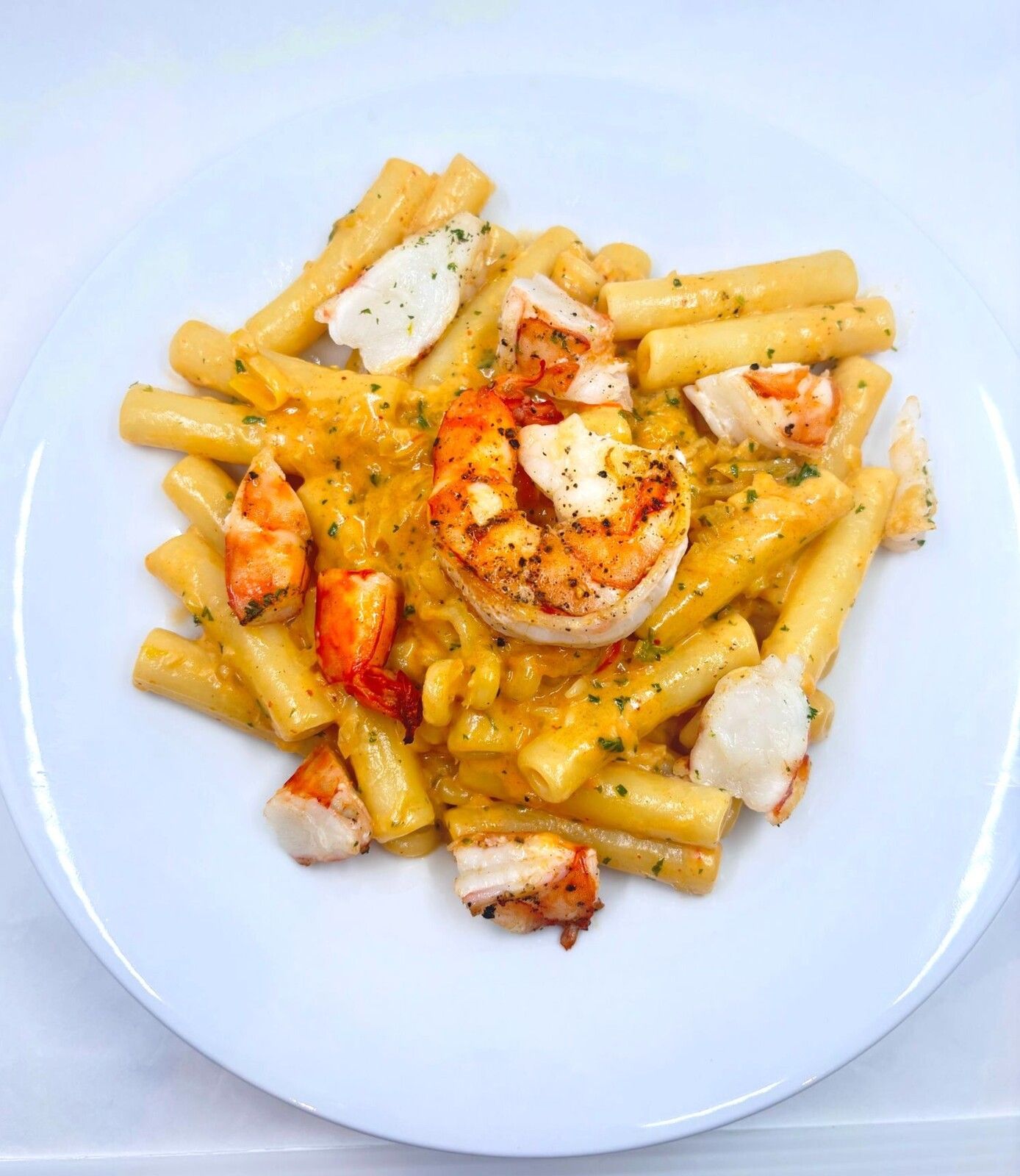 Pâtes aux crevettes, sauce crème et piment