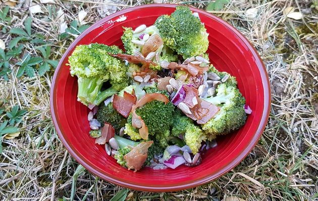 Salade de brocolis aux raisins secs, bacon et graines de tournesol
