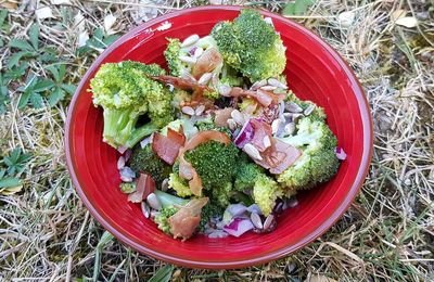 Salade de brocolis aux raisins secs, bacon et graines de tournesol