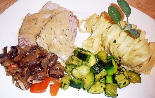 Veau à la sauge, champignons et huile de truffe